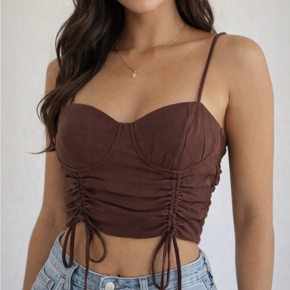 Garage dark brown corset style cinched tie spaghetti strap crop top size XS